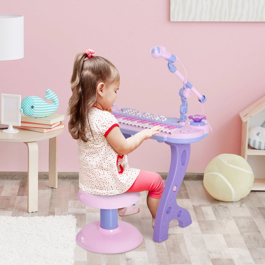 EasyComfort Pianola per Bambini a 37 tasti con Sgabello e Microfono, 12 Strumenti e 22 Musiche, Registrazione, MP3 e Karaoke, Rosa