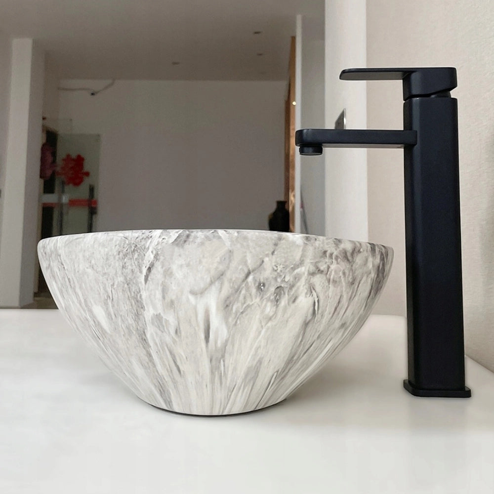 Lavabo da appoggio in ceramica da posizionare su piano in pietra grigia marmo rotondo