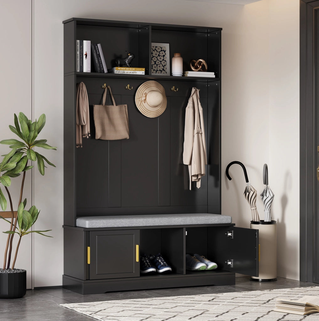 Appendiabiti da ingresso con panca e scarpiera; 6 ganci; nero; 120x40x191 cm