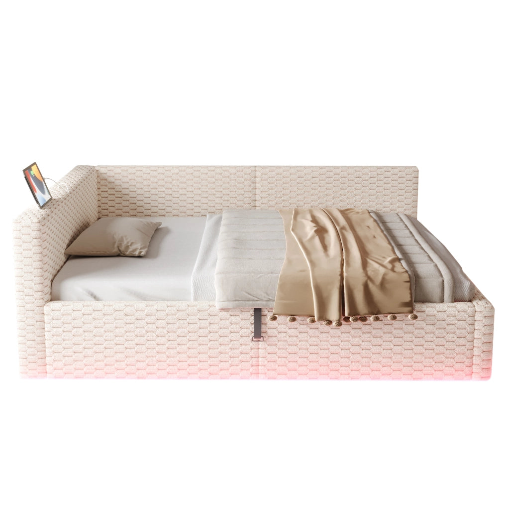 Letto imbottito 140x200 cm con contenitore, LED e porte USB/Type-C