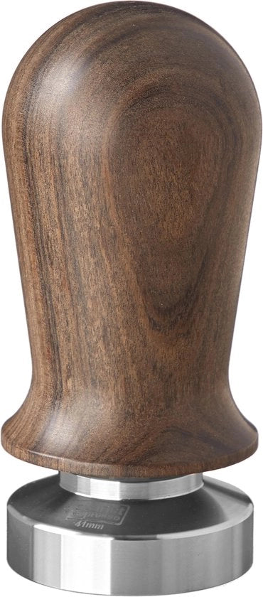 Tamponatore per Barista; Calibrato fino a 35 lbs di pressione di contatto; con maniglia in alluminio o legno pregiato e base in acciaio inox di precisione.