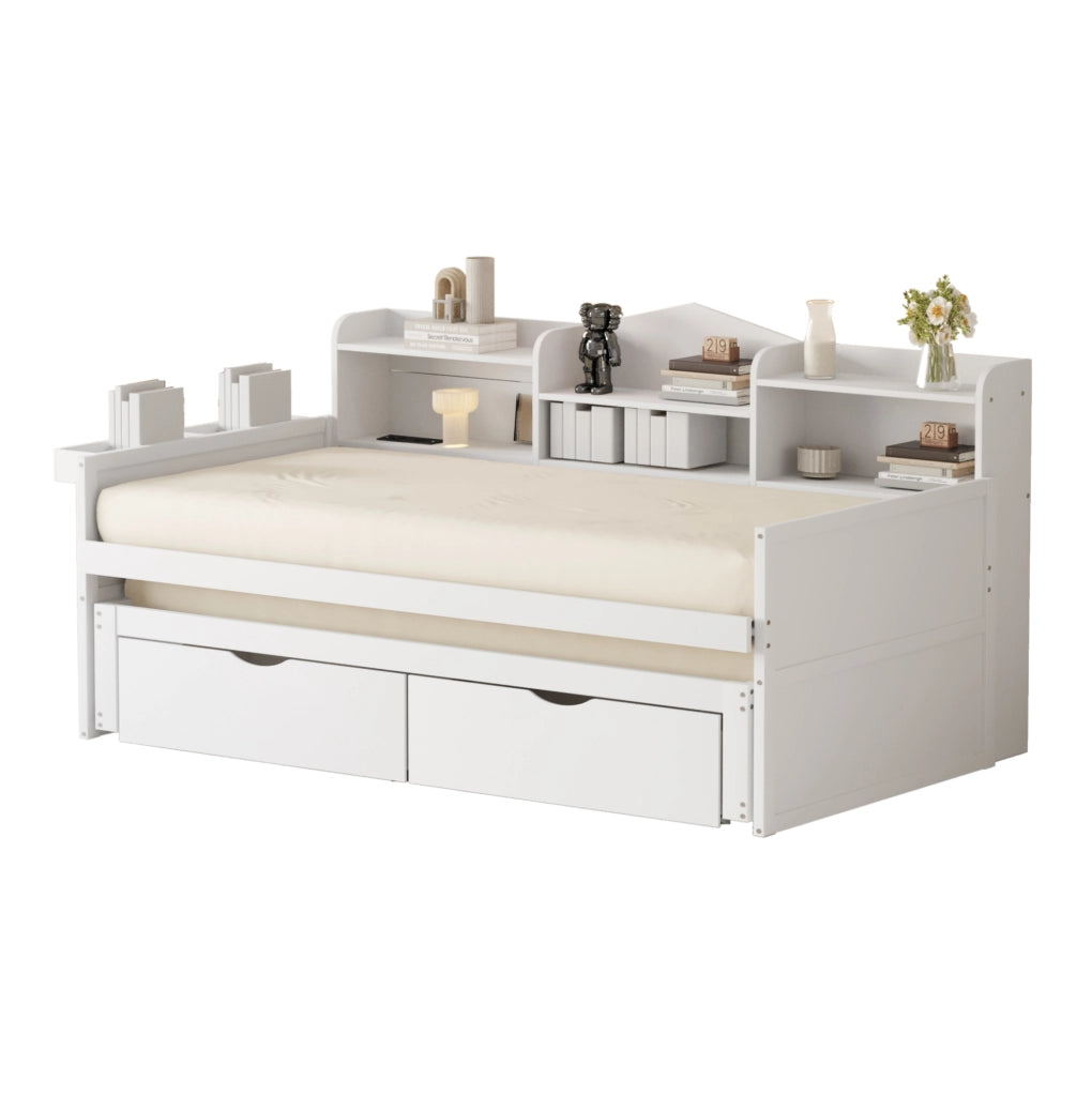 Letto singolo 90x200 cm estraibile con 2 cassetti e USB bianco