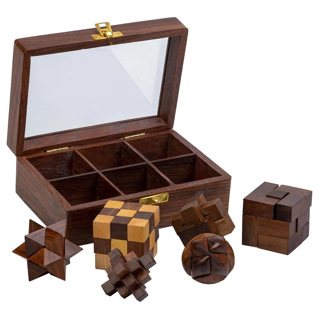 Set 6 puzzle scatola legno marrone 17.5x12x6h cm