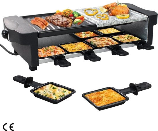 Apparecchio multifunzionale per raclette per 8 persone - 3-in-1 griglia per raclette da 1200 W con 8 padelle - con pietra grigliante naturale e piatto grigliante antiscivolo - nero