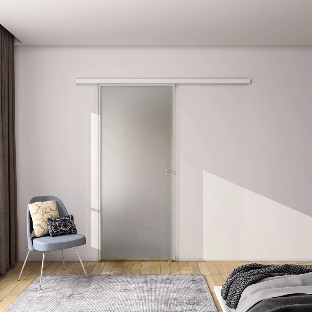 95x225 cm Porta Scorrevole in Vetro da 8 mm Temperato Opaco con Pellicola Anti-frantumi con Binario in Alluminio Bianco Verniciato