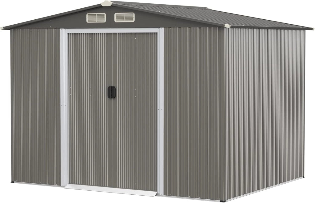 Casetta da Giardino 260 x 207 x 181 cm, Capanni da Esterno con 4 Feritoie, Doppie Porte e Rampa, Capannone Porta Attrezzi in Acciaio Zincato per Giardino e Cortile (Grigio sicuro)