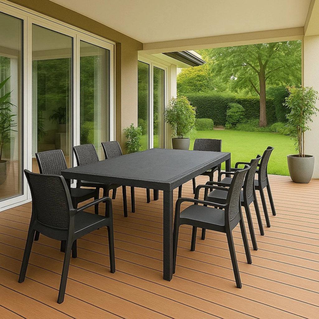 Set salotto da esterno Arret, Salottino outdoor, Tavolo rettangolare allungabile con 8 sedie con braccioli, Made in Italy, Antracite