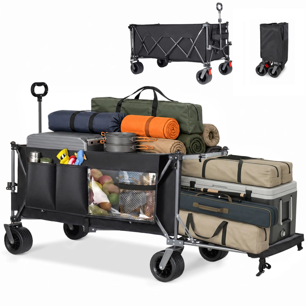 Carrello pieghevole con sponda posteriore estensibile in acciaio nero grigio con ruote grandi per giardino, spiaggia e shopping