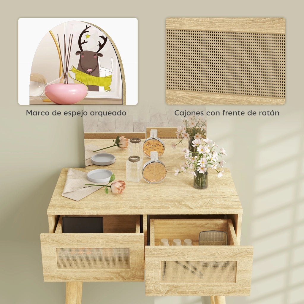 Tocador de Maquillaje con Espejo Arqueado 2 Cajones ¨C Minimal ¨C Natural