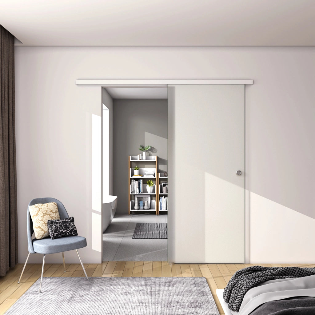95x225 cm Porta Scorrevole in Vetro da 8 mm Temperato Opaco con Pellicola Anti-frantumi con Binario in Alluminio Bianco Verniciato
