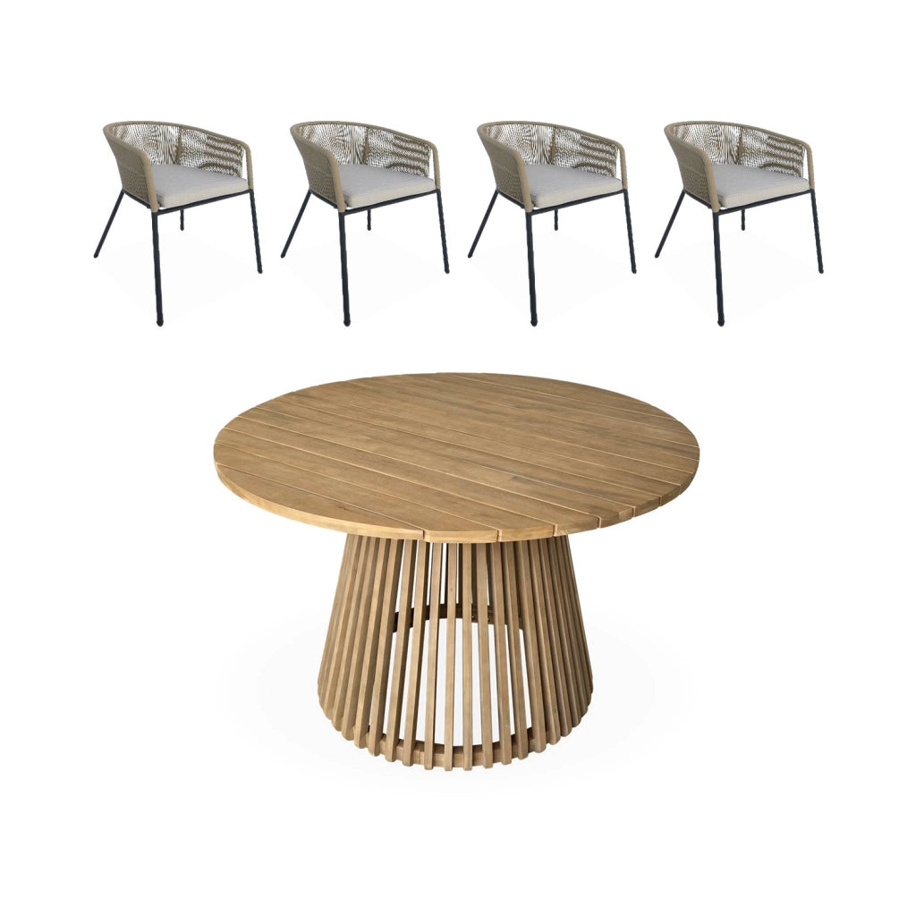 Set tavolo da pranzo rotondo in legno con 4 poltrone in corda, beige