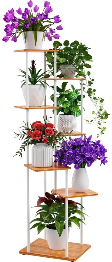 Pianta a 7 livelli in legno, rete metallica per fiori, 130 cm, supporto per piante a più livelli, scala interna e esterna per più piante, supporto per fiori per giardino, terrazzo, balcone, decorazione, salotto, ufficio, bianco