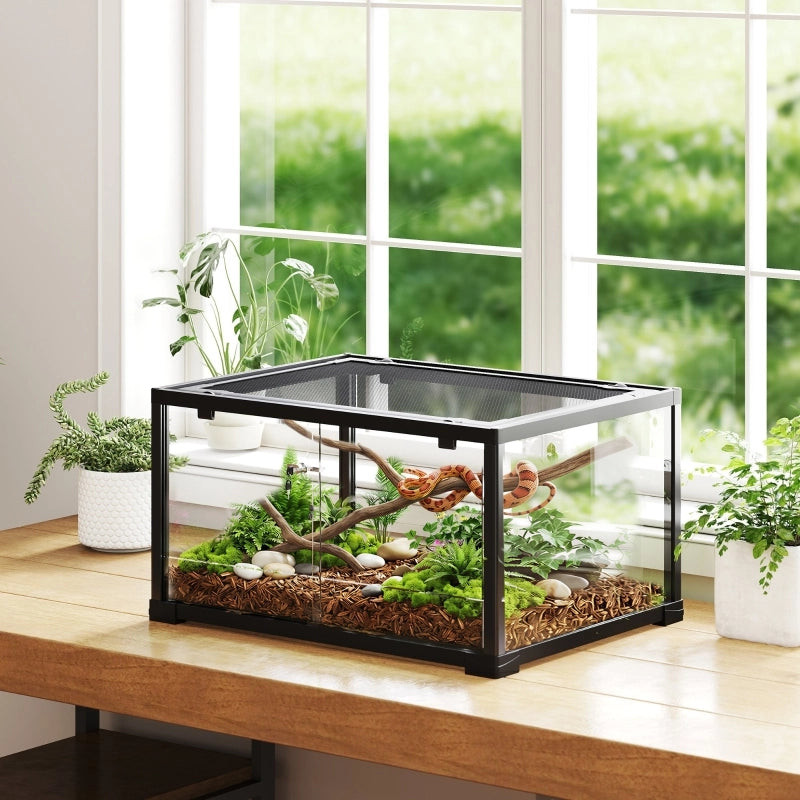 Terrario per rettili, 86 litri, con porta scorrevole e chiudibile a chiave, per lucertole, insetti, ragni, gechi, 60 x 45 x 32 cm, nero.