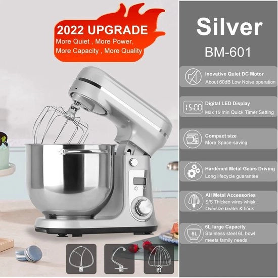 Foodprocessor 6L - Macchina da Cucina - Mixatore da Cibo 1200W DC - Motore Silenzioso - Contenitore in Acciaio Inossidabile 6-Velocità - Impastatrice per Crema, Uovo, Frusta per Impastare, Kneader