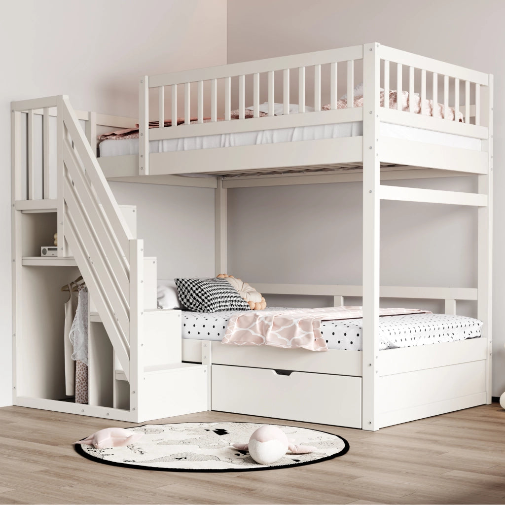 Letto a Castello 2 Posti con Scala Contenitore; Cassetto e Sponda Alta; 90 x 200 cm; senza Materasso; Bianco