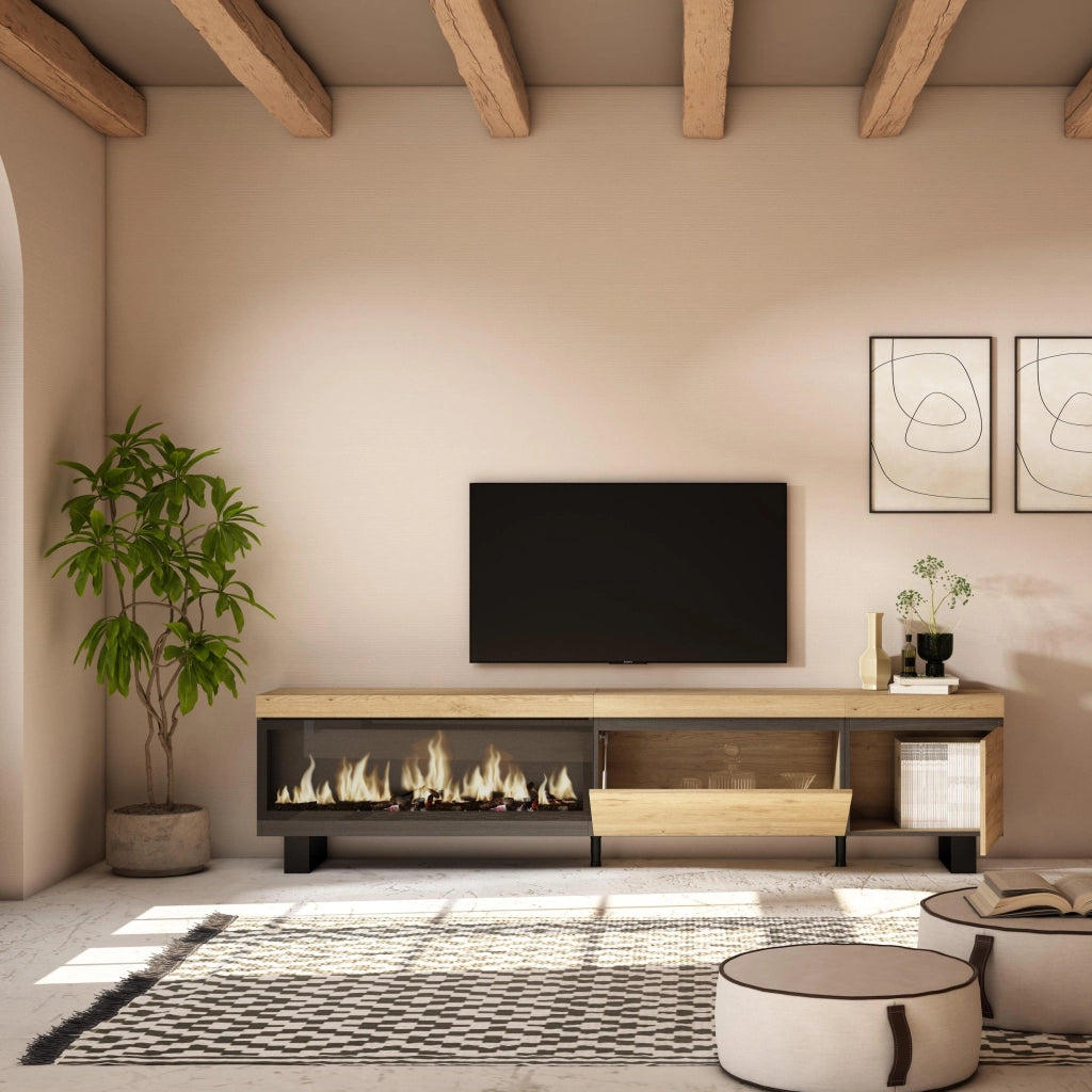 Mobile TV Soggiorno, 237x35x57cm, TV di grande formato, Camino elettrico XXL, Design industriale, colore Rovere RF3592