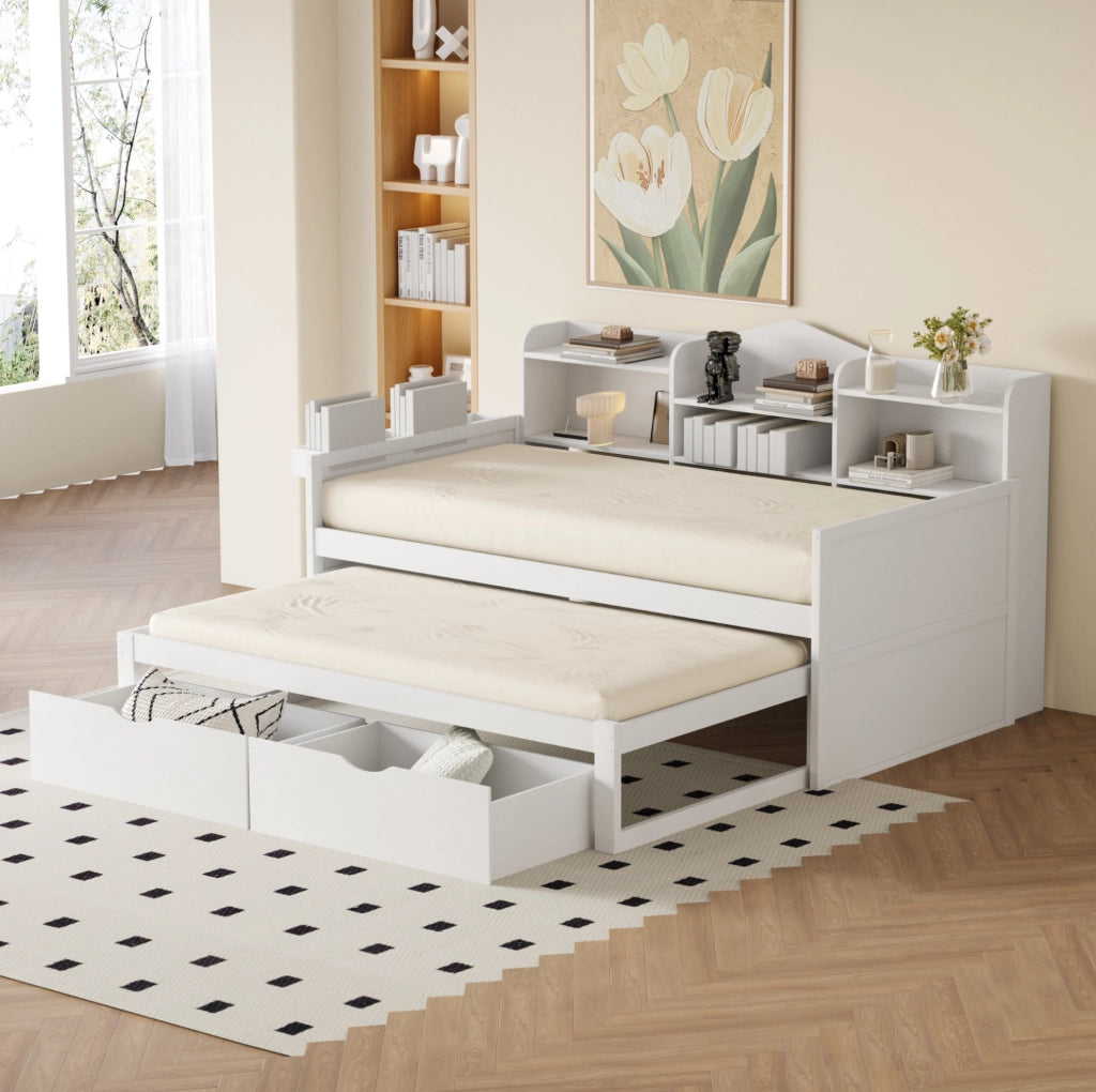 Letto singolo 90x200 cm estraibile con 2 cassetti e USB bianco