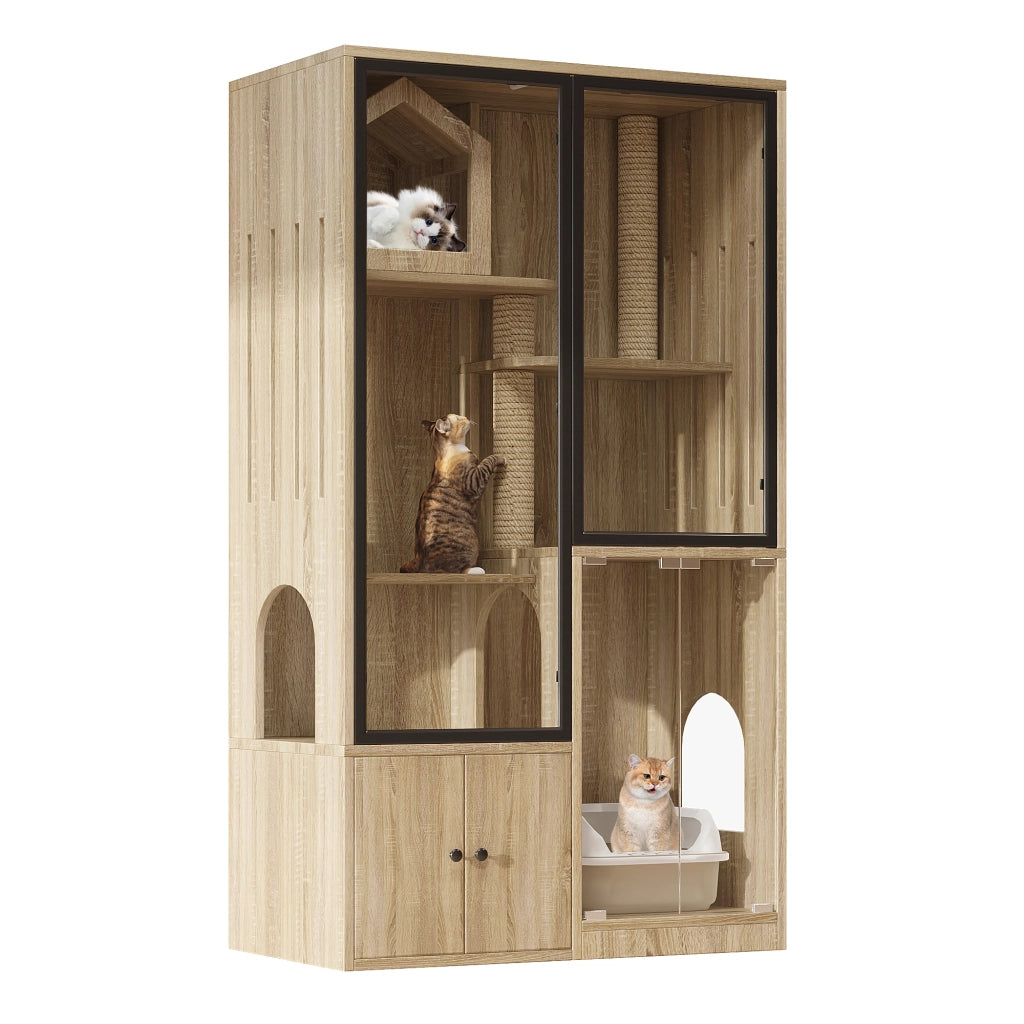Casa per Gatti a 4 Livelli 90×50×160 cm con Vetro Temperato; Tiragraffi e Ripiani; Effetto Legno Naturale