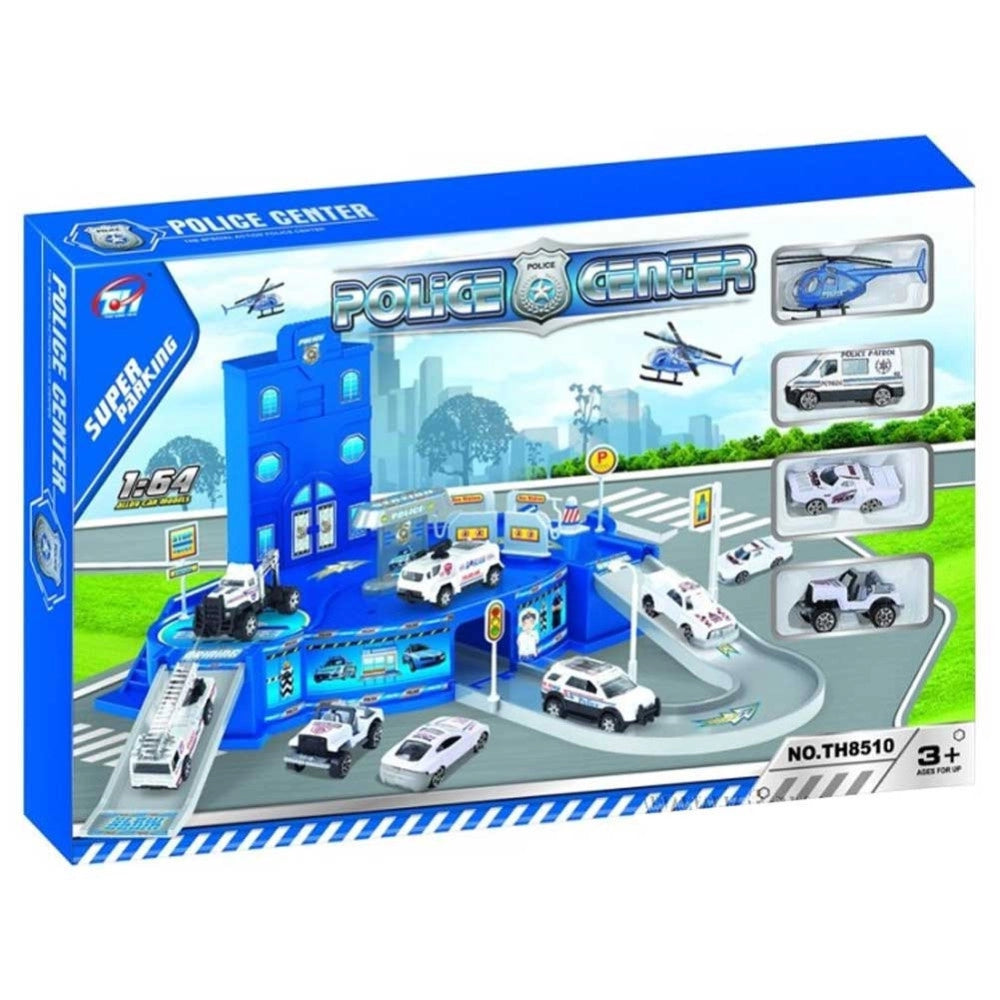 Trade Shop - Playset Stazione Forze Dell'ordine Con Rampe Pitstop 3 Macchinine 1 Elicottero -