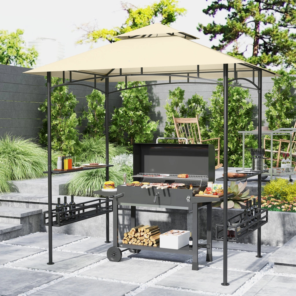 Pavillon per barbecue a doppio tetto in acciaio beige con ripiani laterali, ganci e cestelli, 240 × 150 × 257 cm