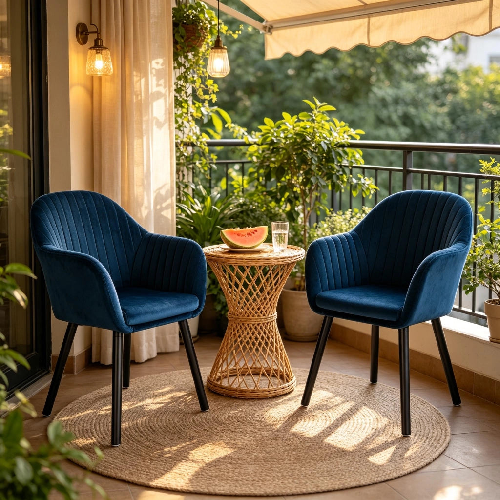 Sedia da pranzo 2 pezzi in velluto con schienale ergonomico e gambe in metallo e legno massiccio nero e blu