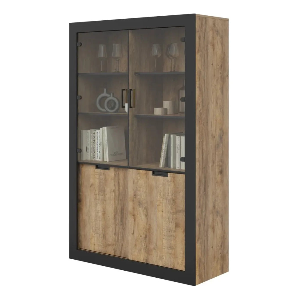Pack sala da pranzo MEUNIER – Vetrina, buffet alto & tavolo 8 pers. Rovere Samdal & nero opaco