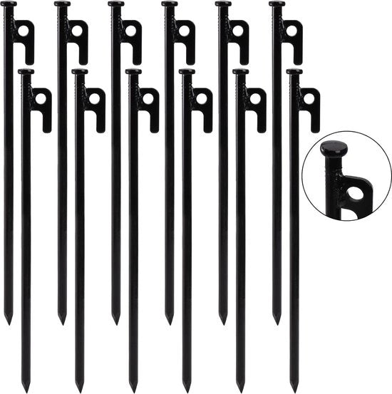 12 pezzi di spiedini in acciaio neri, spiedini, robusti 30 cm, spiedini pesanti, campeggio, con ganci e fori, adatti per campeggio, ombrello, esterno, escursione