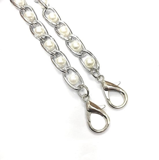Cinturino per catena - Cinturino per spalla in metallo - Stile eccentrico e stravagante - Oro o argento - Adatto per borse a mano - Incluso con perle artificiali