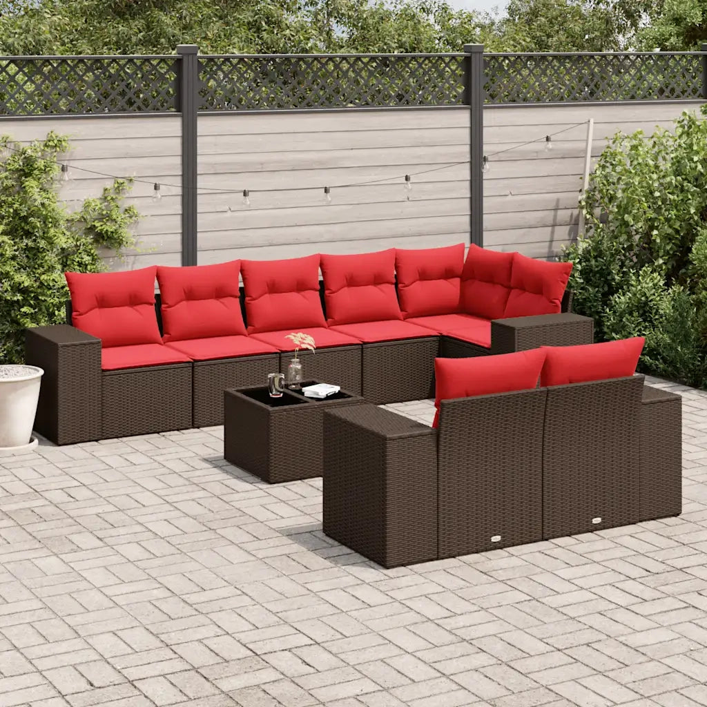 Set Divani da Giardino 9 pz con Cuscini Marrone in Polyrattan 3222833