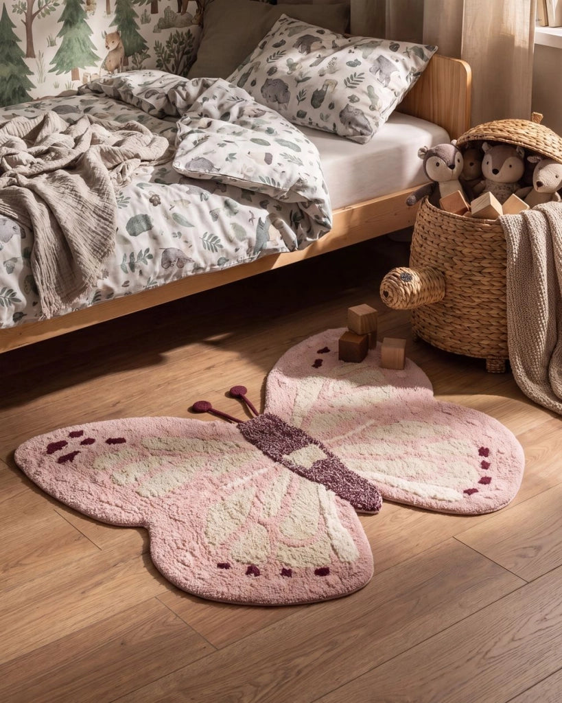 Tappeto per bambini rosa in cotone tuftato a forma di farfalla 90 x 120 cm