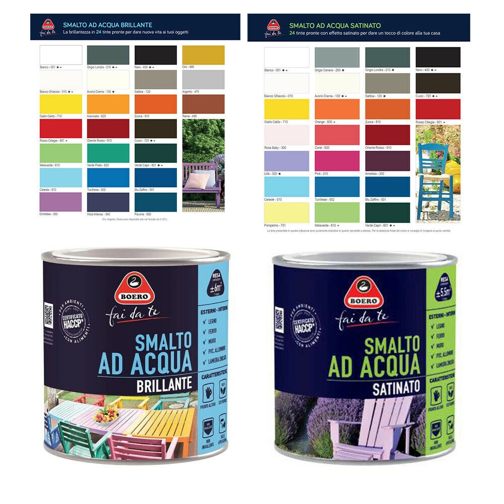 Smalto ad Acqua Brillante Satinato Inodore Ferro Legno Interno Esterno Boero Colori: Melaverde Satinato, Formato: 0,125 L