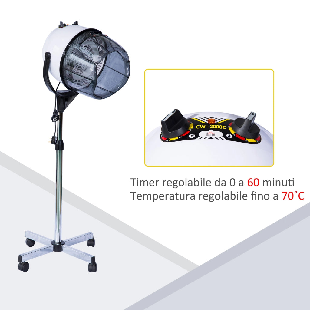 EasyComfort Casco Asciugacapelli 1180W ad Altezza Regolabile, Casco per Capelli con Timer 60 Minuti e Ruote Girevoli, in PP, PC e Acciaio, 65x65x115-165 cm, Bianco