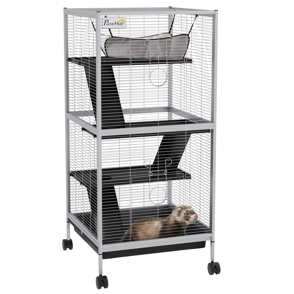 Gabbia per Piccoli Animali con Ruote ¨C Xylo ¨C 2 Porte 3 Rampe Amaca Vassoio Estraibile 52x52x113,5cm Grigio