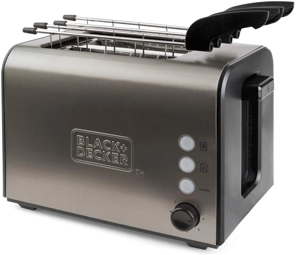 Black+decker bxtoa900e - tostapane in acciaio inox 900w, 2 slot extra large 42x137mm. 7 livelli di tostatura. sistema di pinze estraibili. autocentraggio. 3 funzioni