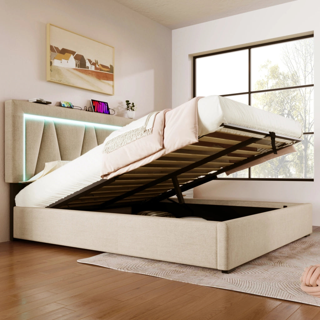 Letto imbottito 140x200 cm con contenitore; LED e USB Type C in lino