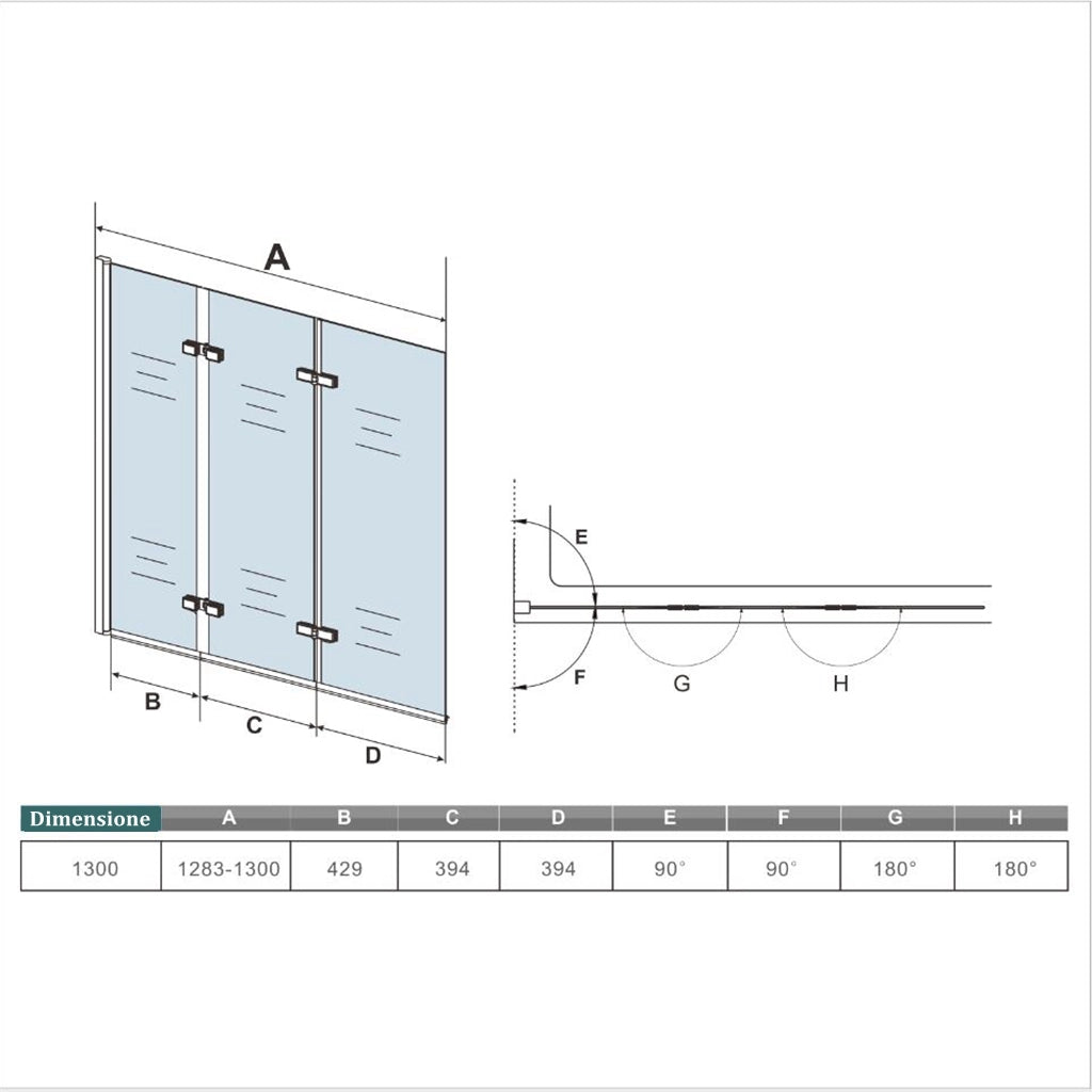 Parete Doccia Per Vasca da Bagno 130x140 cm 3 Ante Movibili Pieghevoli a Libro in Vetro Temperato 6 mm Trasparente Anticalcare Telaio Cromo Lucido