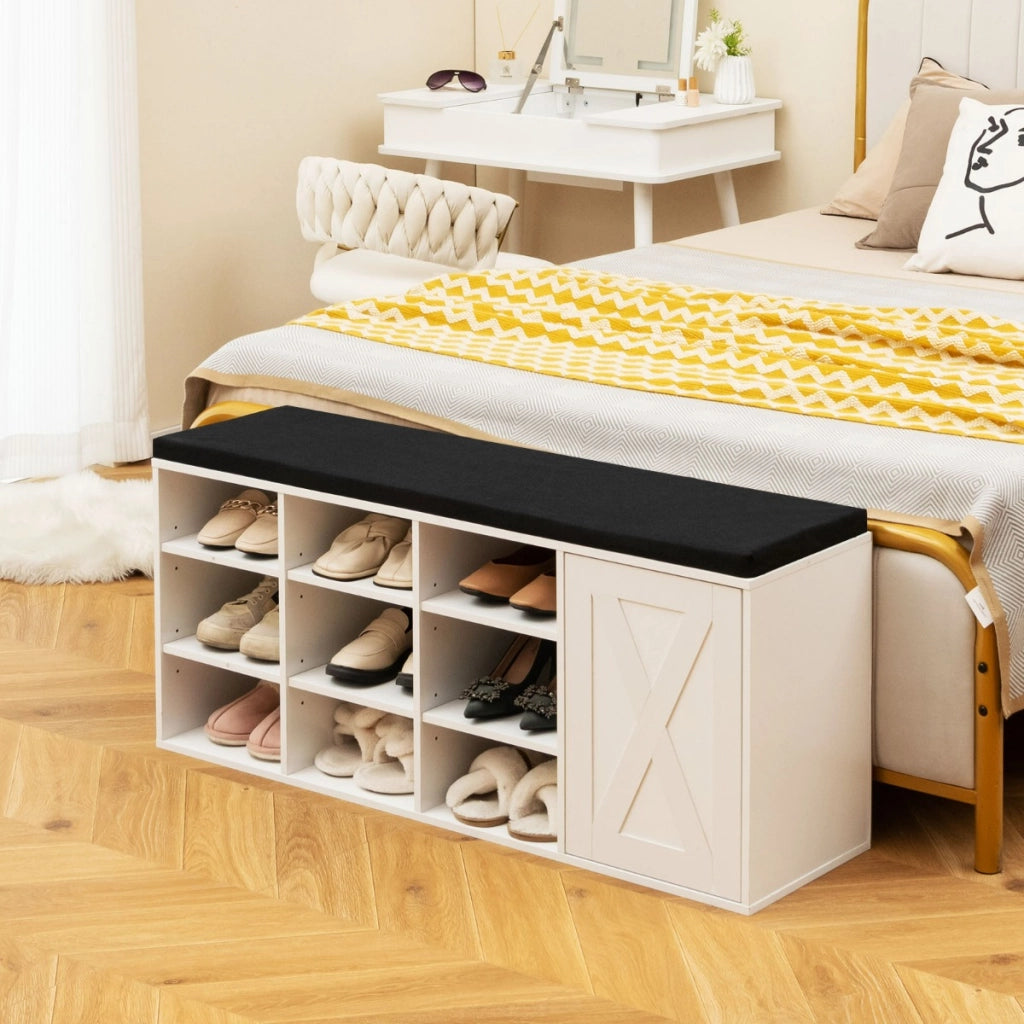 Panchina con ripiano per scarpe con cuscino imbottito e 9 cubi, Scarpiera a 3 livelli con ripiani regolabili Bianco