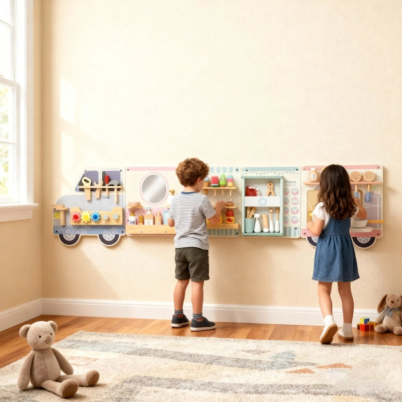 Tavola attività da parete a forma di camion, 5 in 1, multicolore, in MDF