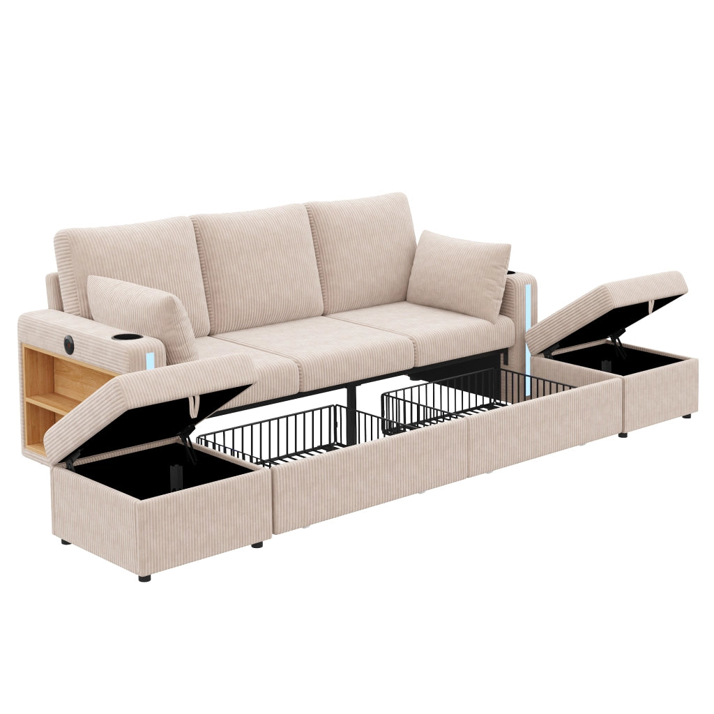 Divano modulare a U e L con contenitore; luci LED e USB in velluto a coste beige