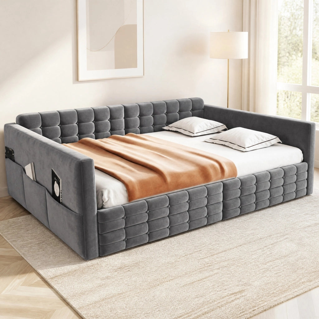 Letto imbottito matrimoniale 140x190 cm con contenitore; velluto grigio