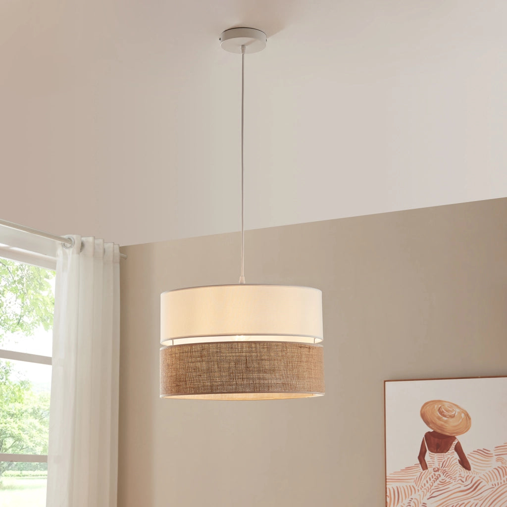 Lampada a Sospensione Barton con Doppio Paralume Cilindrico - Bianco / Effetto Lino lux.pro