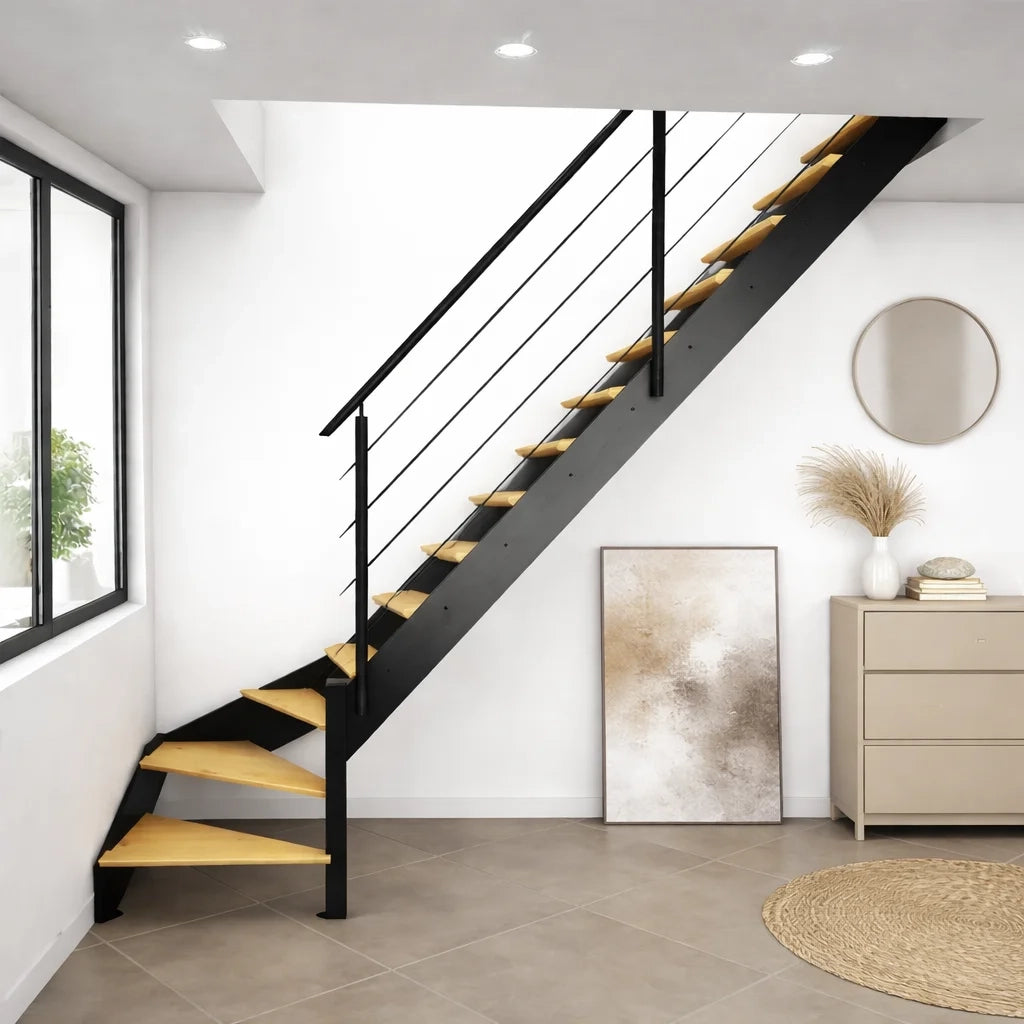 SPECTRA - Scala a chiocciola diritta con LED integrati, nera con balaustra