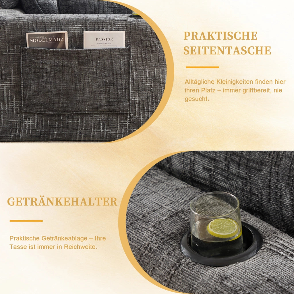 Divano modulare 3 posti con tasche laterali e cuscini - in chenille grigio scuro