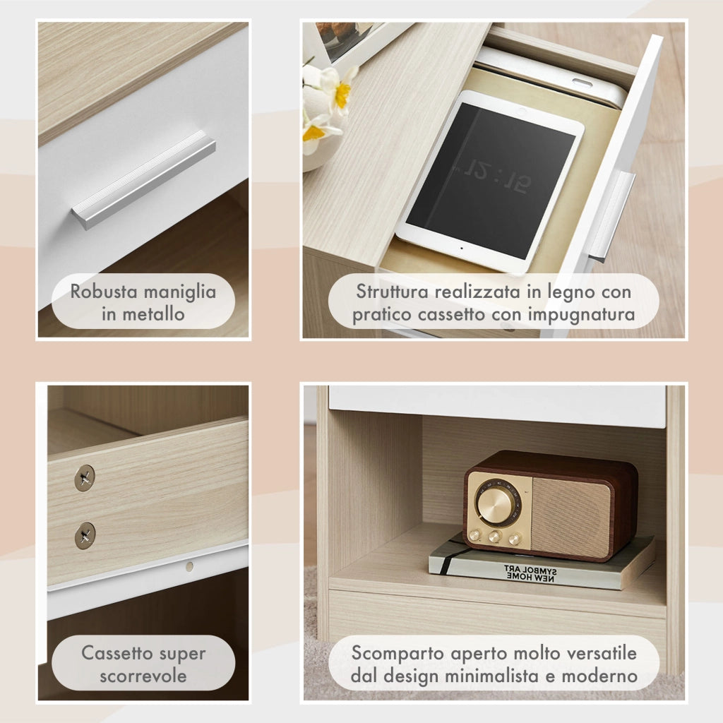 Comodino Moderno Cassetto Con Maniglia E Scomparto Aperto Camera Da Letto Portalibri Oggetti Mensola Libreria  - Naturale