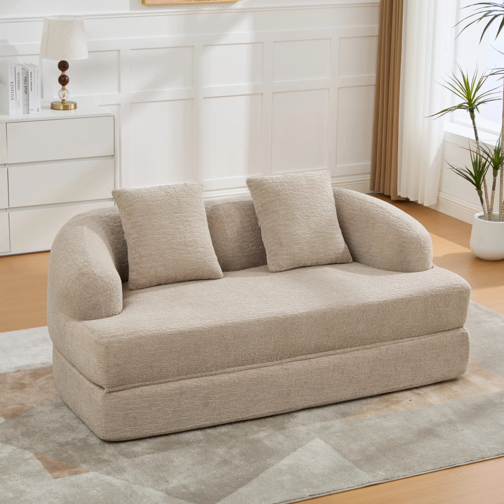 Divano letto a 2 posti - con due cuscini e struttura pieghevole - in chenille khaki