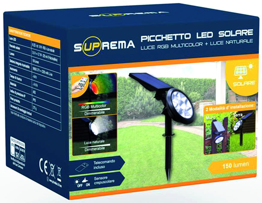 Suprema PICCHETTO SOLARE CON SENSORE CREPUSCOLARE, 1,8 watt, 150 lumen, luce naturale + Rgb