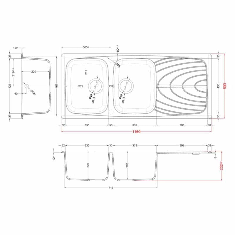 Lavello Elleci Incasso 2 vasche 116x50 Master 500 Granitek Bianco Antico LGM50062