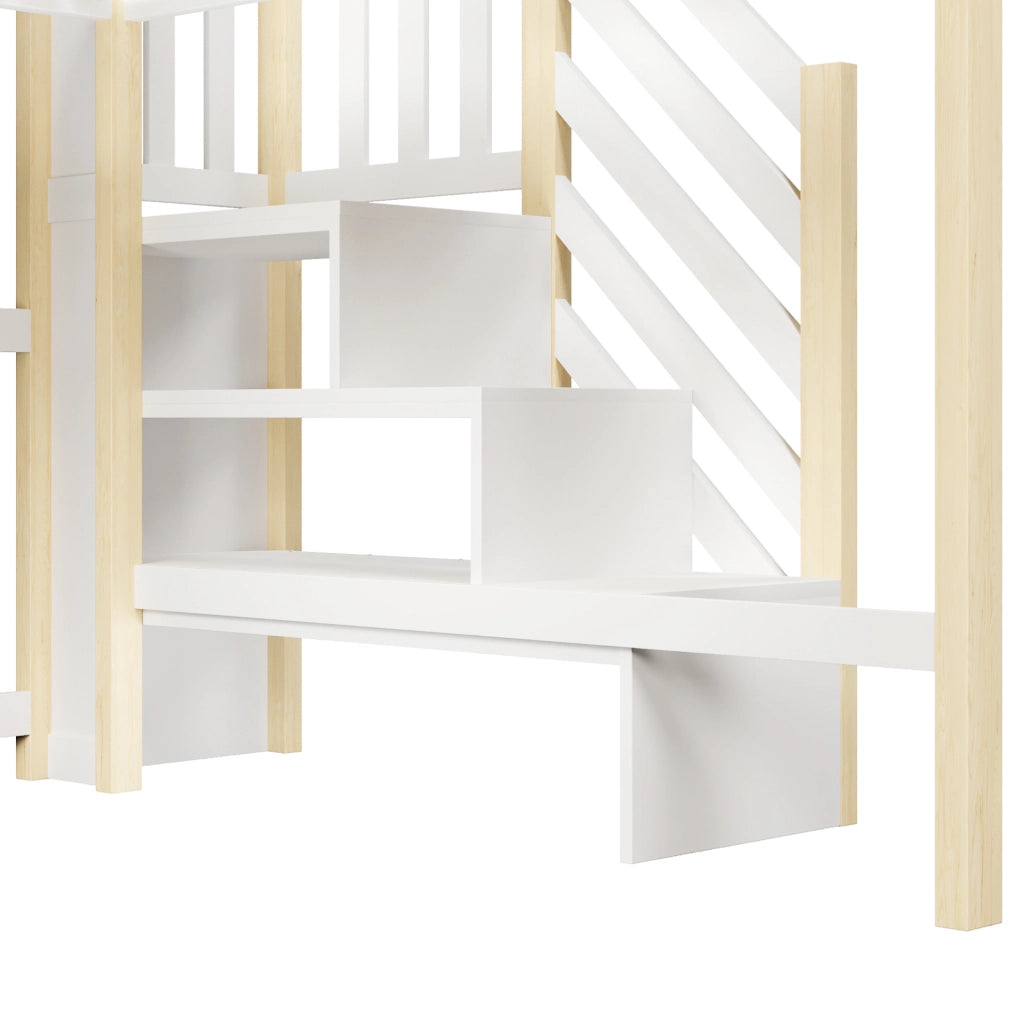 Letto a soppalco 140x200 cm con LED, scala contenitore e ampio spazio inferiore