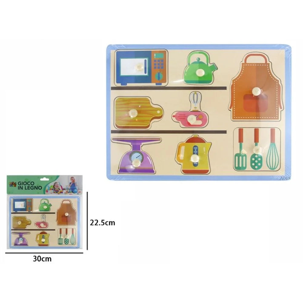Trade Shop - Puzzle A Incastro Tema Utensili Cucina Gioco Educativo Legno Per Bambini Con Pomelli 07531 -