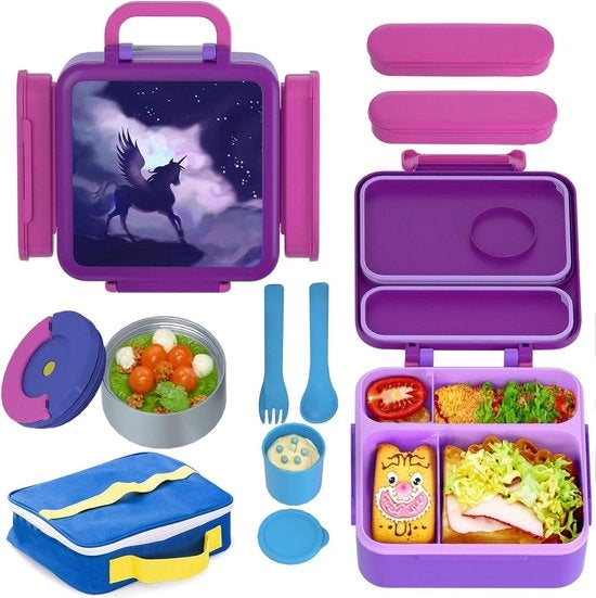 Tasca per bambini - scatola per la merenda scolastica con utensili - BPA-free Bento Box per asilo nido - viola